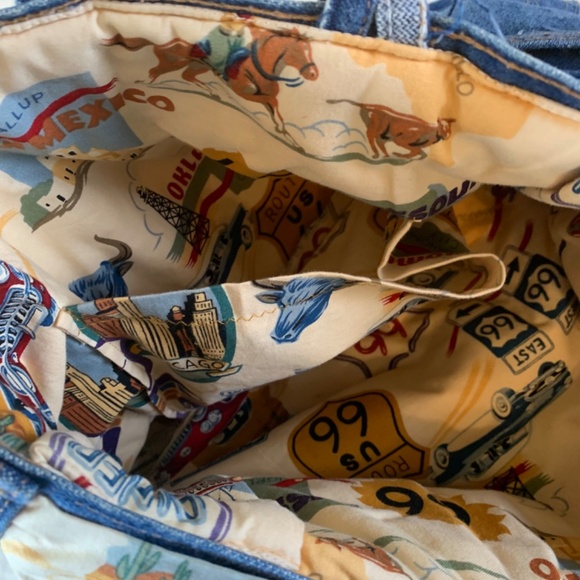 Vintage Handmade Womens Denim Purse Handbag Bow Lined Route 66 18x11” - Picture 7 of 13